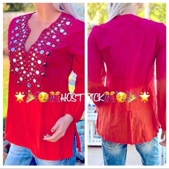 🎉HP MICHAEL KORS Retro Tie-die Ombré BoHo Gypsie Chic Beaded Mirrored Blouse - Picture 1 of 15